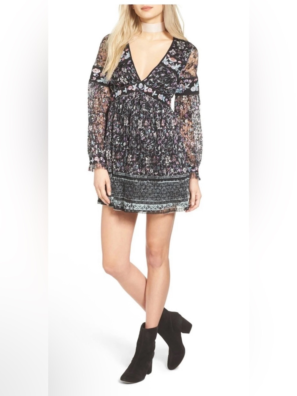 Free People Cherry Blossom Embroidered Lace Mini Dress Size 0